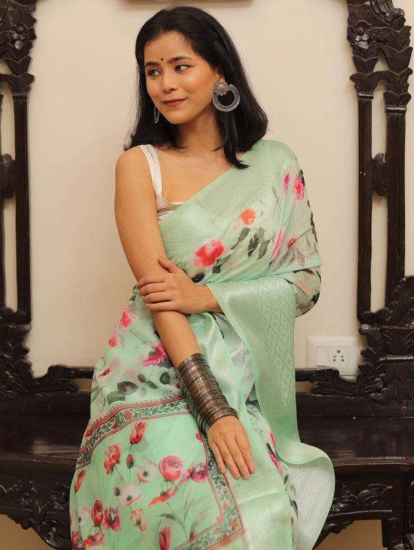 Banarasee Handloom Chanderi Digital Print Saree With Silver Zari Design-Pastel Green
