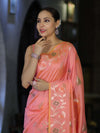 Banarasee Handloom Semi Silk Saree With Leaf Pattern & Floral Zari Border-Peach