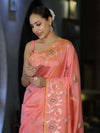 Banarasee Handloom Semi Silk Saree With Leaf Pattern & Floral Zari Border-Peach