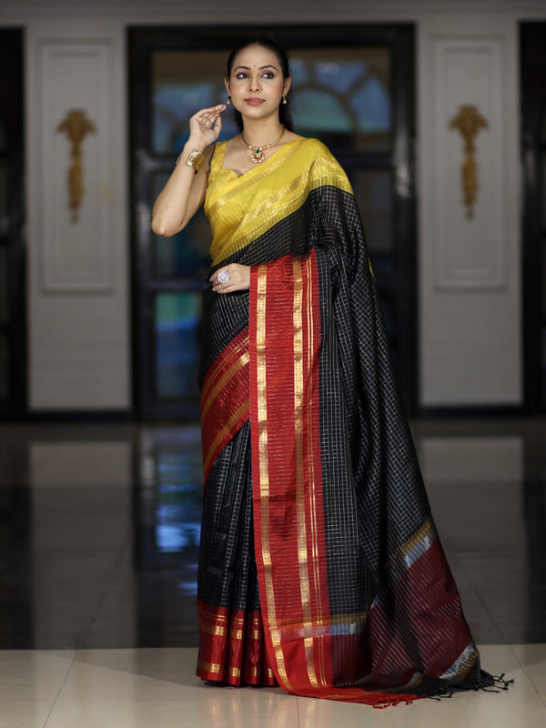 Banarasee Handloom Semi Silk Saree With Checks Pattern & Contrast Border-Black & Yellow