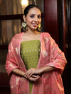 Banarasee Cotton Silk Zari Buti Salwar Kameez Fabric With Contrast Dupatta Set-Olive Green & Peachy Pink