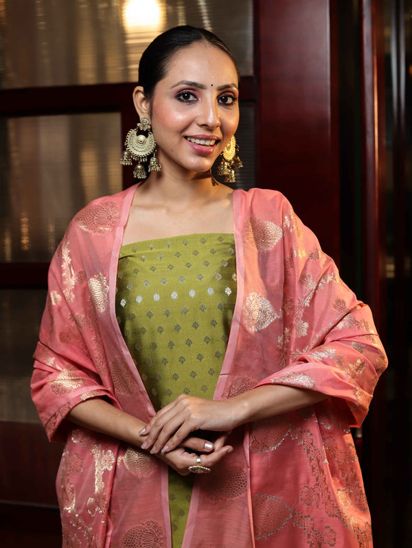 Banarasee Cotton Silk Zari Buti Salwar Kameez Fabric With Contrast Dupatta Set-Olive Green & Peachy Pink