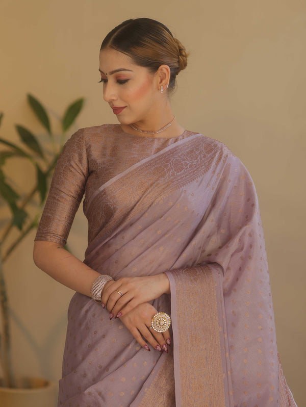Banarasee Handwoven Semi Silk Saree With Antiue Zari Buti & Border-Mauve