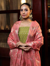 Banarasee Cotton Silk Zari Buti Salwar Kameez Fabric With Contrast Dupatta Set-Olive Green & Peachy Pink