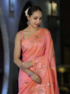 Banarasee Handloom Semi Silk Saree With Leaf Pattern & Floral Zari Border-Peach