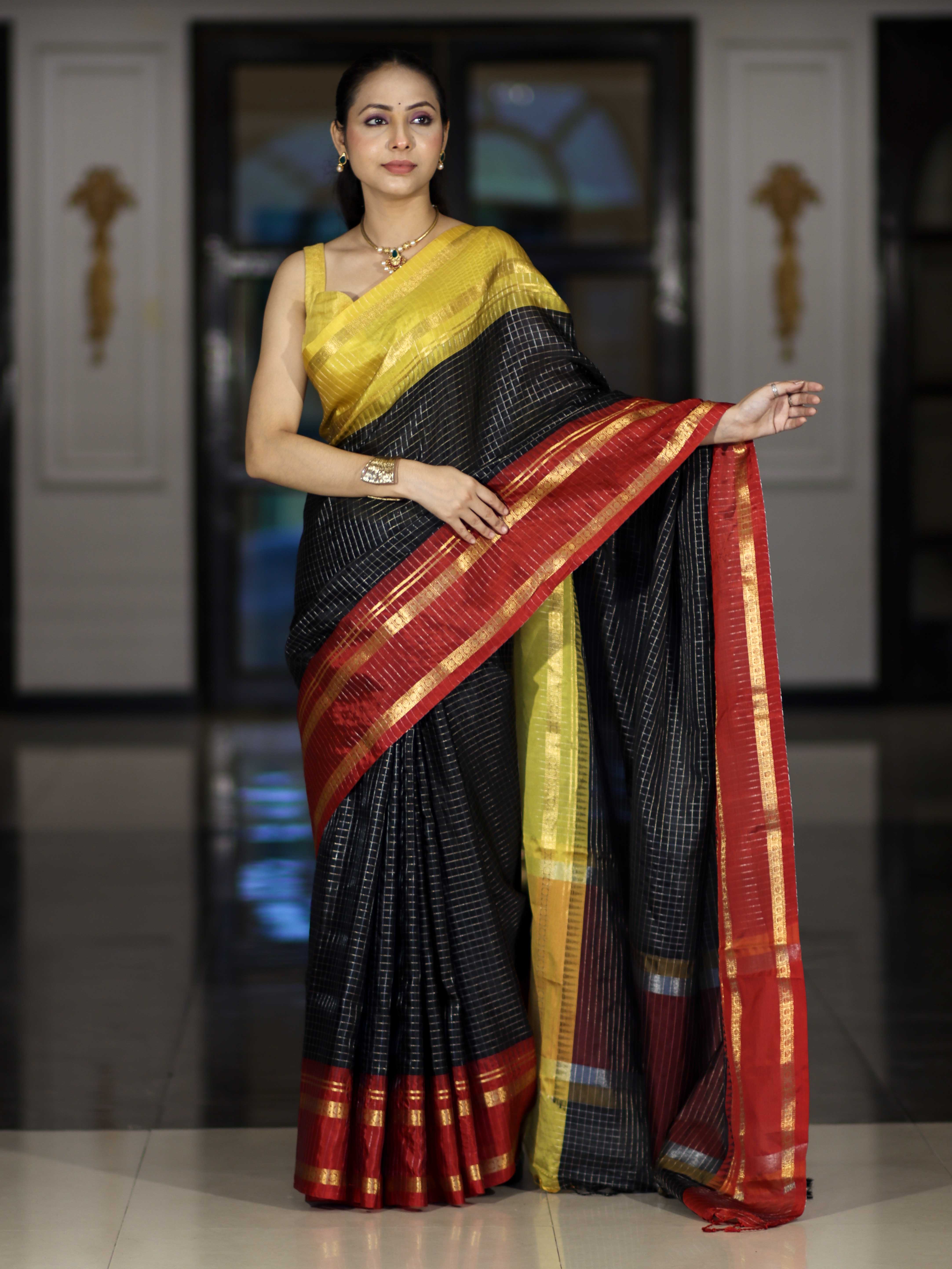 Banarasee Handloom Semi Silk Saree With Checks Pattern & Contrast Border-Black & Yellow