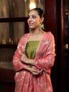 Banarasee Cotton Silk Zari Buti Salwar Kameez Fabric With Contrast Dupatta Set-Olive Green & Peachy Pink
