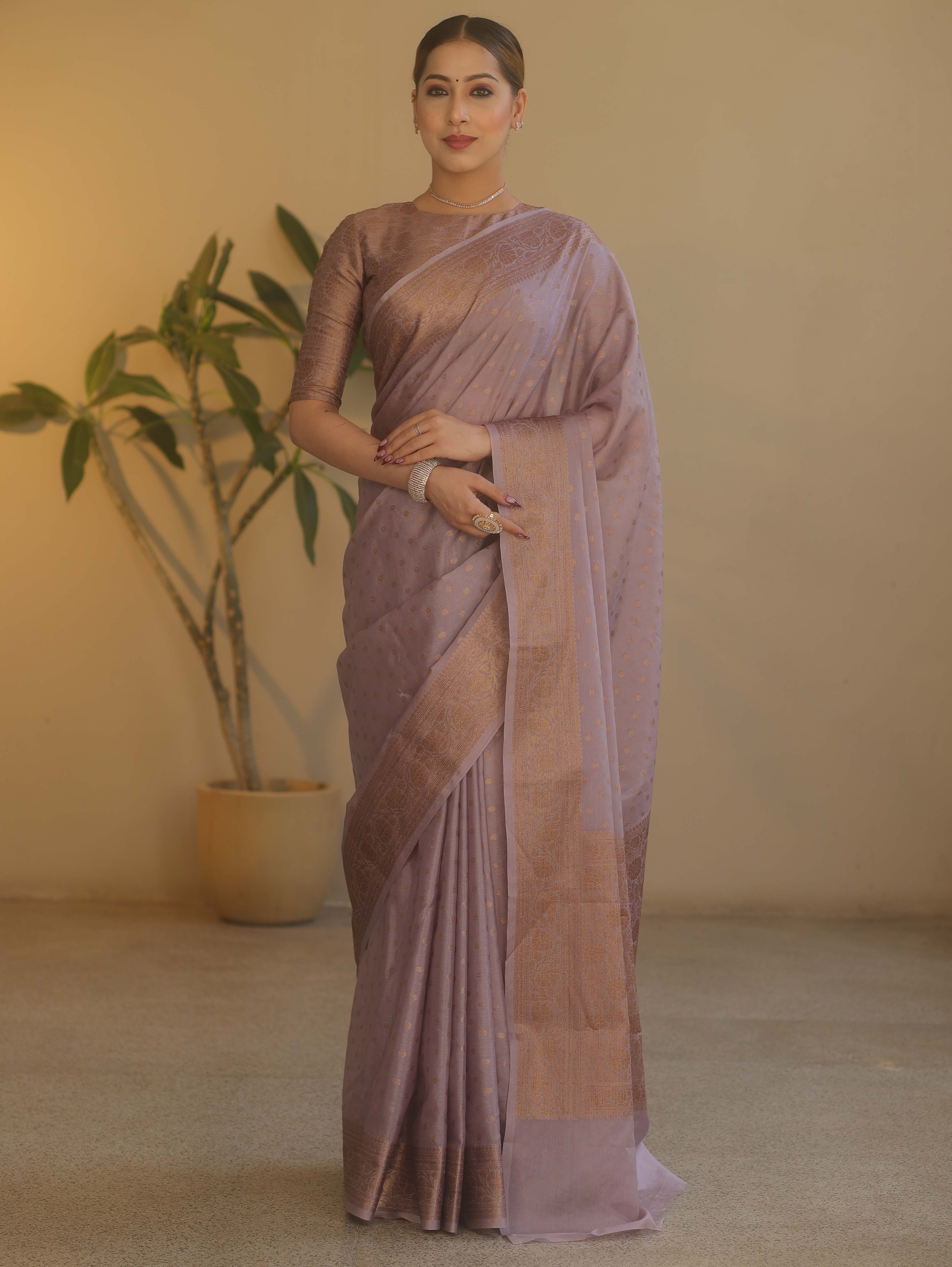 Banarasee Handwoven Semi Silk Saree With Antiue Zari Buti & Border-Mauve