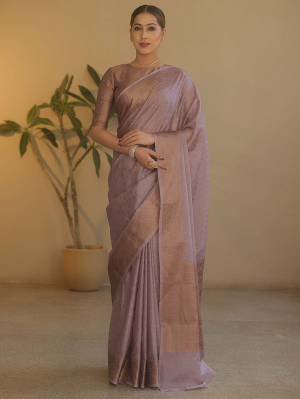 Banarasee Handwoven Semi Silk Saree With Antiue Zari Buti & Border-Mauve