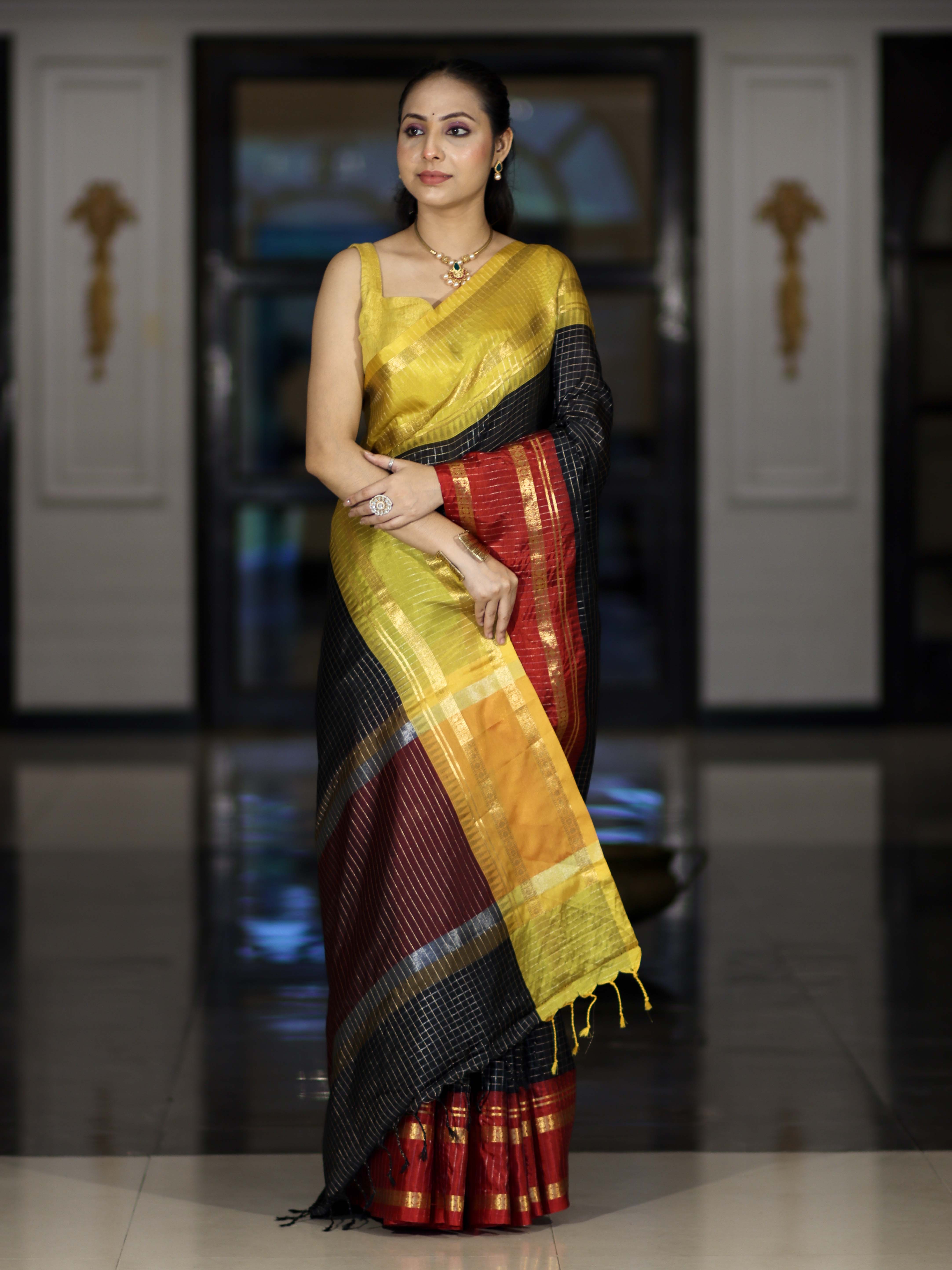 Banarasee Handloom Semi Silk Saree With Checks Pattern & Contrast Border-Black & Yellow