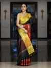 Banarasee Handloom Semi Silk Saree With Checks Pattern & Contrast Border-Black & Yellow