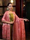 Banarasee Cotton Silk Zari Buti Salwar Kameez Fabric With Contrast Dupatta Set-Olive Green & Peachy Pink