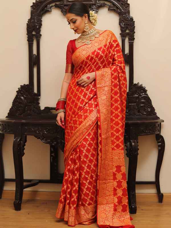 Banarasee Chiffon Floral Zari Jaal Border Saree-Red