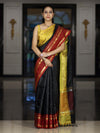 Banarasee Handloom Semi Silk Saree With Checks Pattern & Contrast Border-Black & Yellow