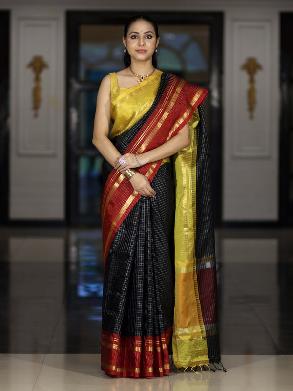 Banarasee Handloom Semi Silk Saree With Checks Pattern & Contrast Border-Black & Yellow