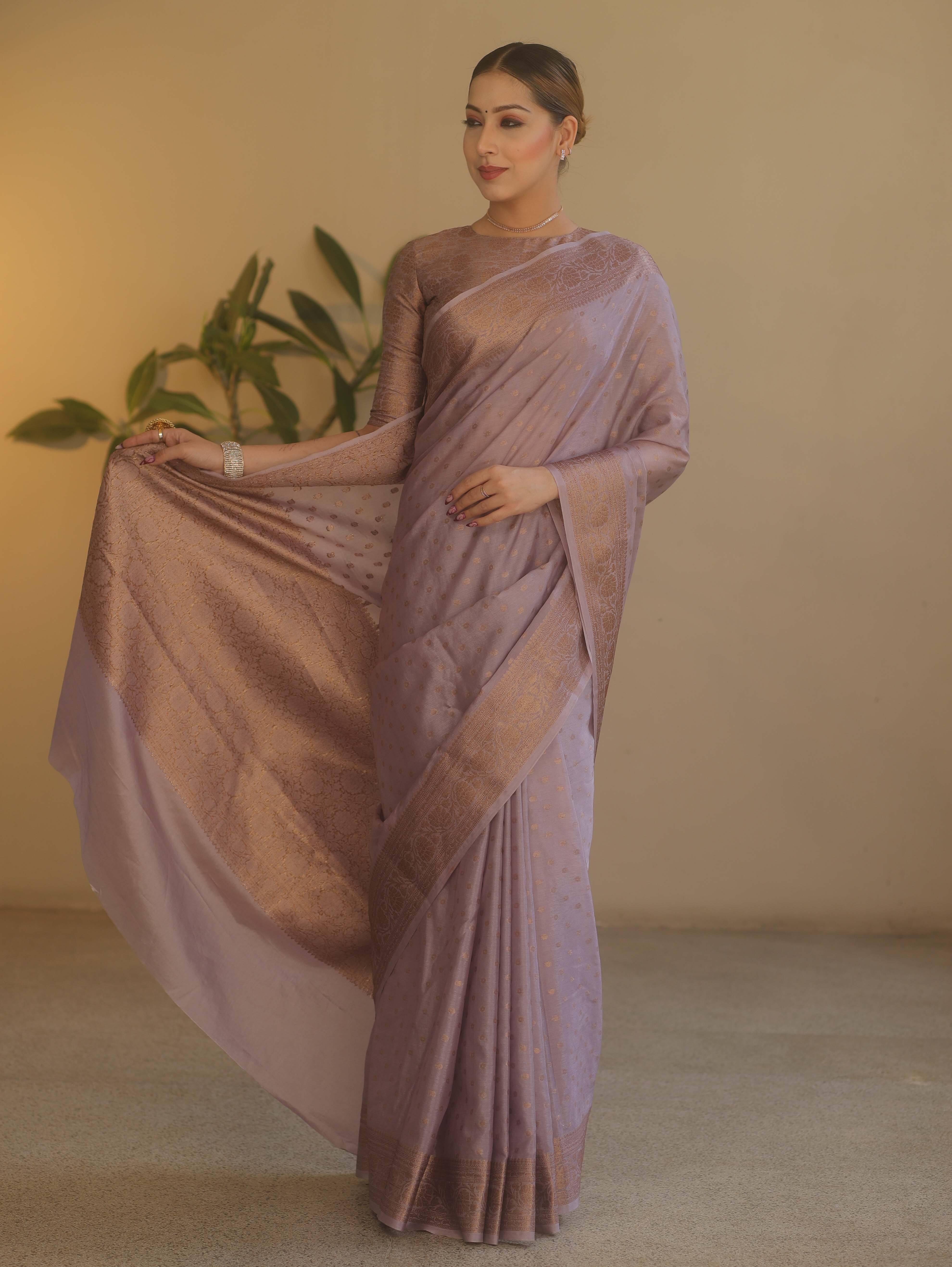 Banarasee Handwoven Semi Silk Saree With Antiue Zari Buti & Border-Mauve
