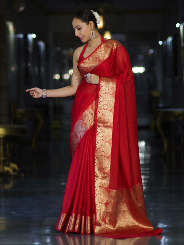 Banarasee Handloom Semi Silk Plain Saree With Gold Zari Woven Border-Red