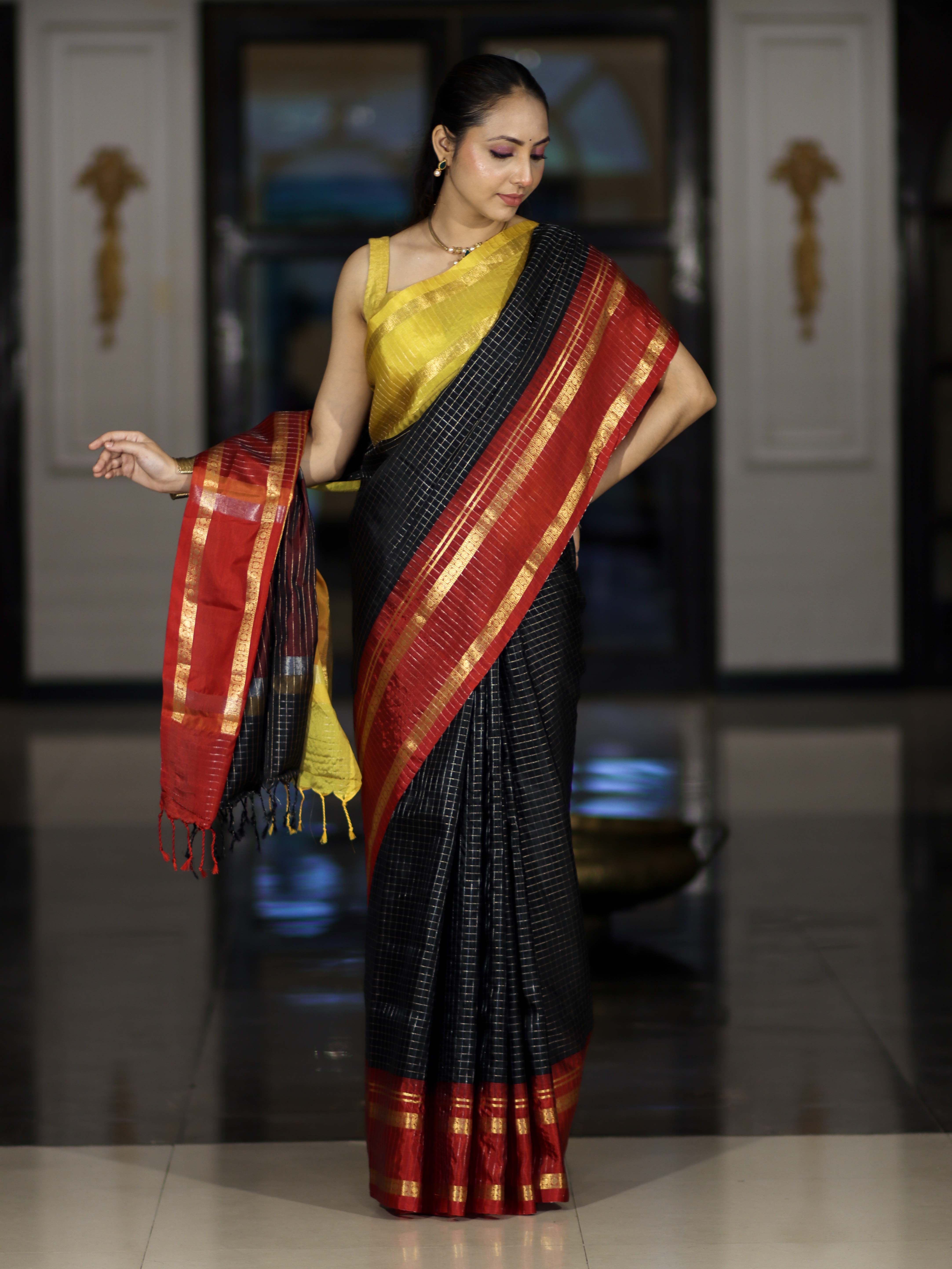 Banarasee Handloom Semi Silk Saree With Checks Pattern & Contrast Border-Black & Yellow