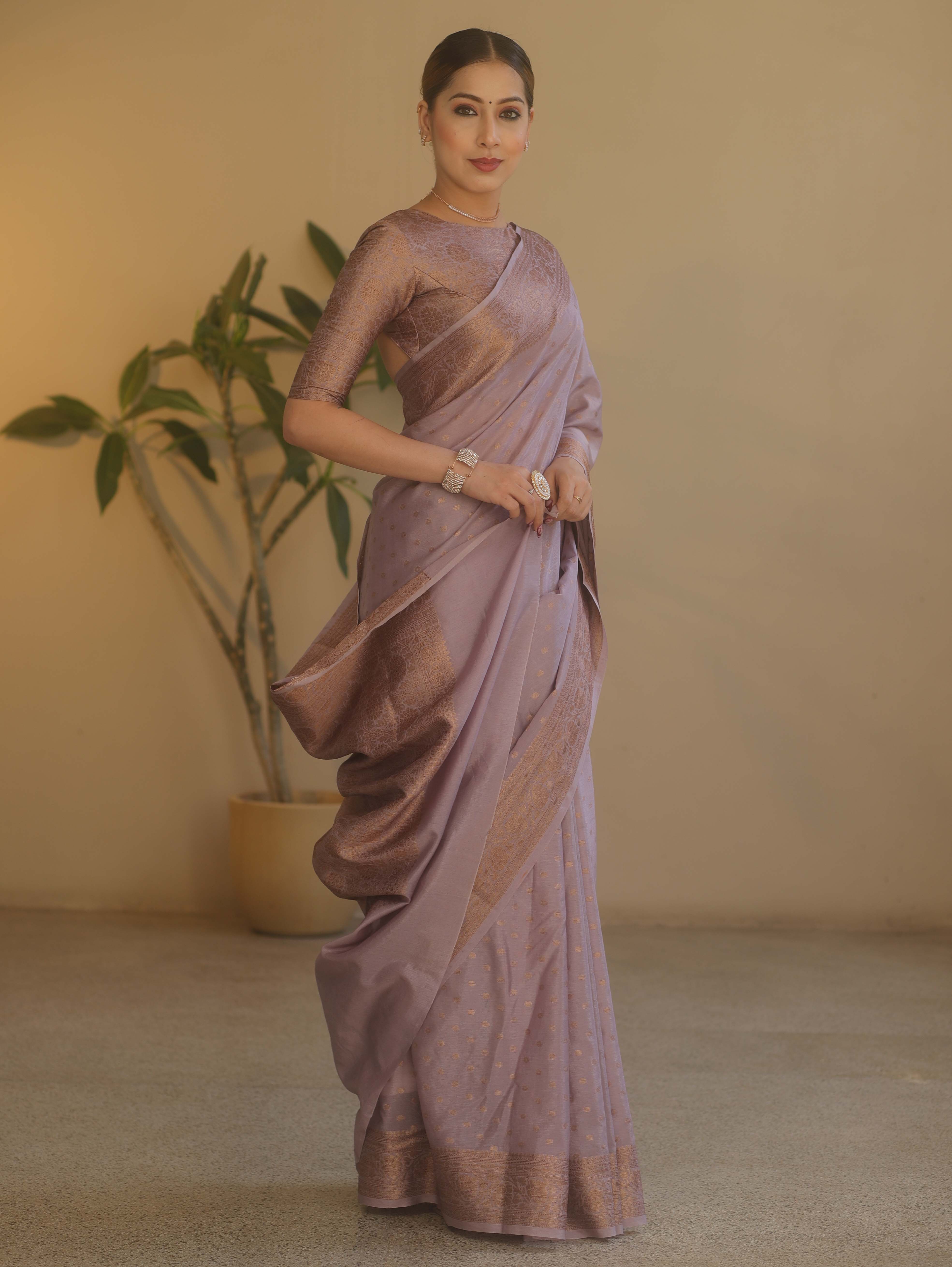 Banarasee Handwoven Semi Silk Saree With Antiue Zari Buti & Border-Mauve