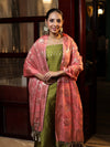 Banarasee Cotton Silk Zari Buti Salwar Kameez Fabric With Contrast Dupatta Set-Olive Green & Peachy Pink