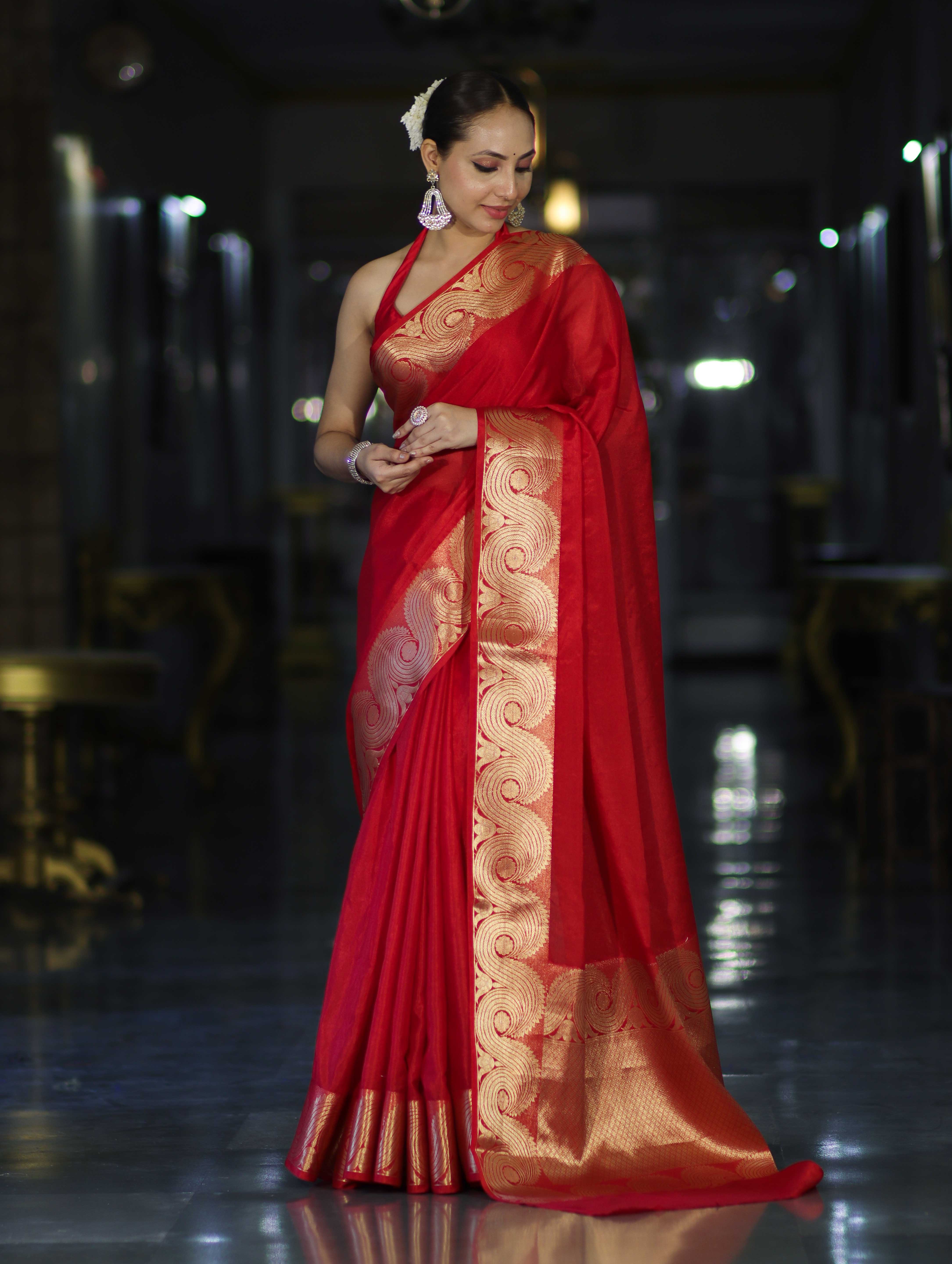 Banarasee Handloom Semi Silk Plain Saree With Gold Zari Woven Border-Red