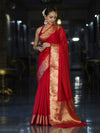 Banarasee Handloom Semi Silk Plain Saree With Gold Zari Woven Border-Red