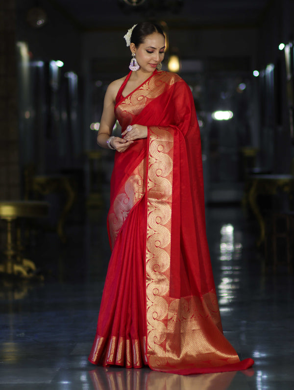 Banarasee Handloom Semi Silk Plain Saree With Gold Zari Woven Border-Red