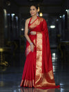 Banarasee Handloom Semi Silk Plain Saree With Gold Zari Woven Border-Red