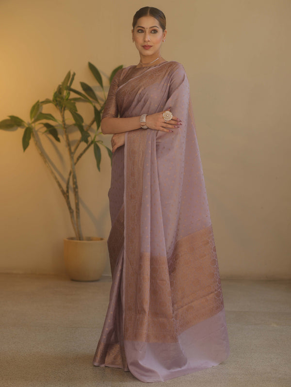 Banarasee Handwoven Semi Silk Saree With Antiue Zari Buti & Border-Mauve