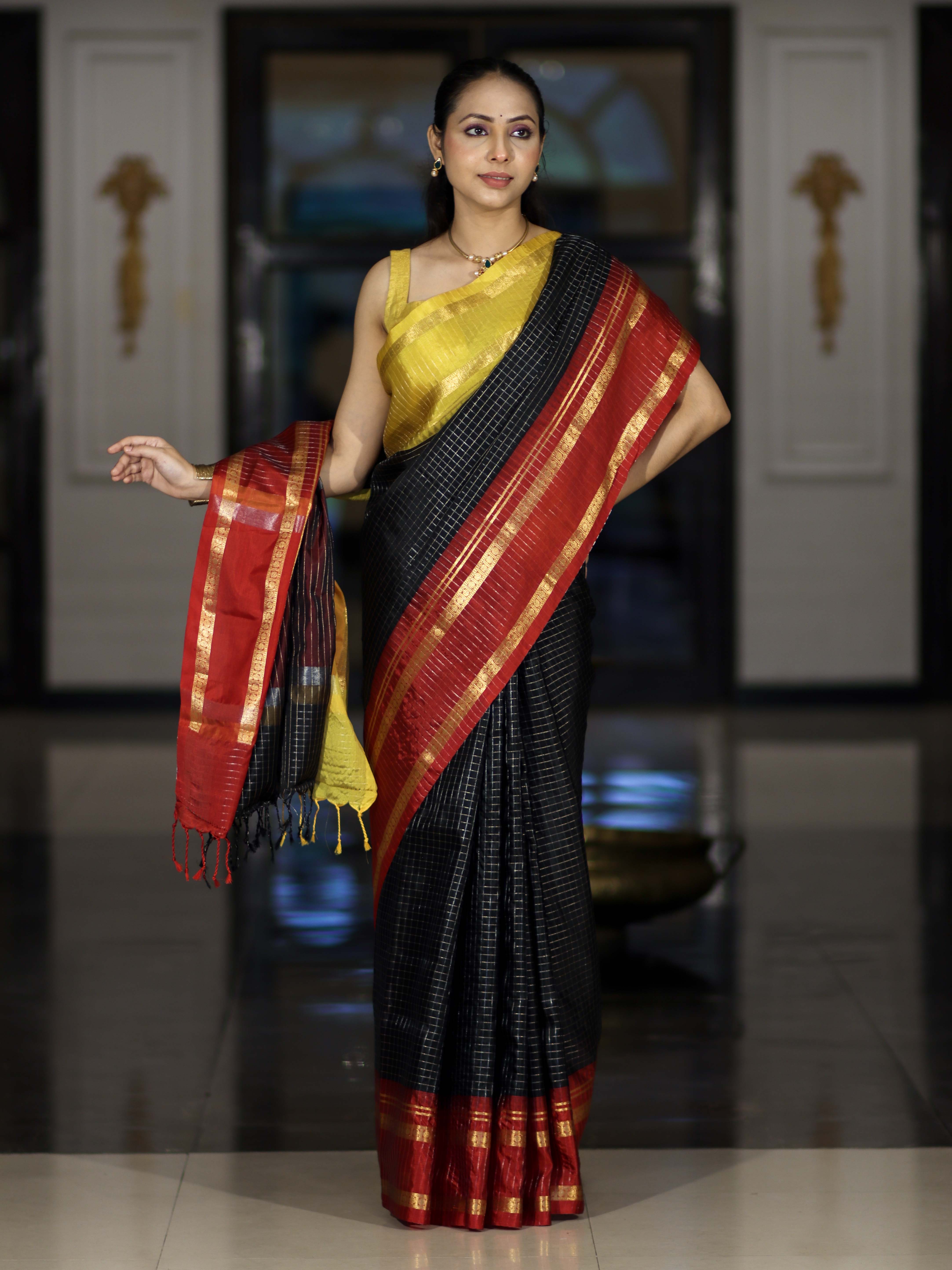 Banarasee Handloom Semi Silk Saree With Checks Pattern & Contrast Border-Black & Yellow