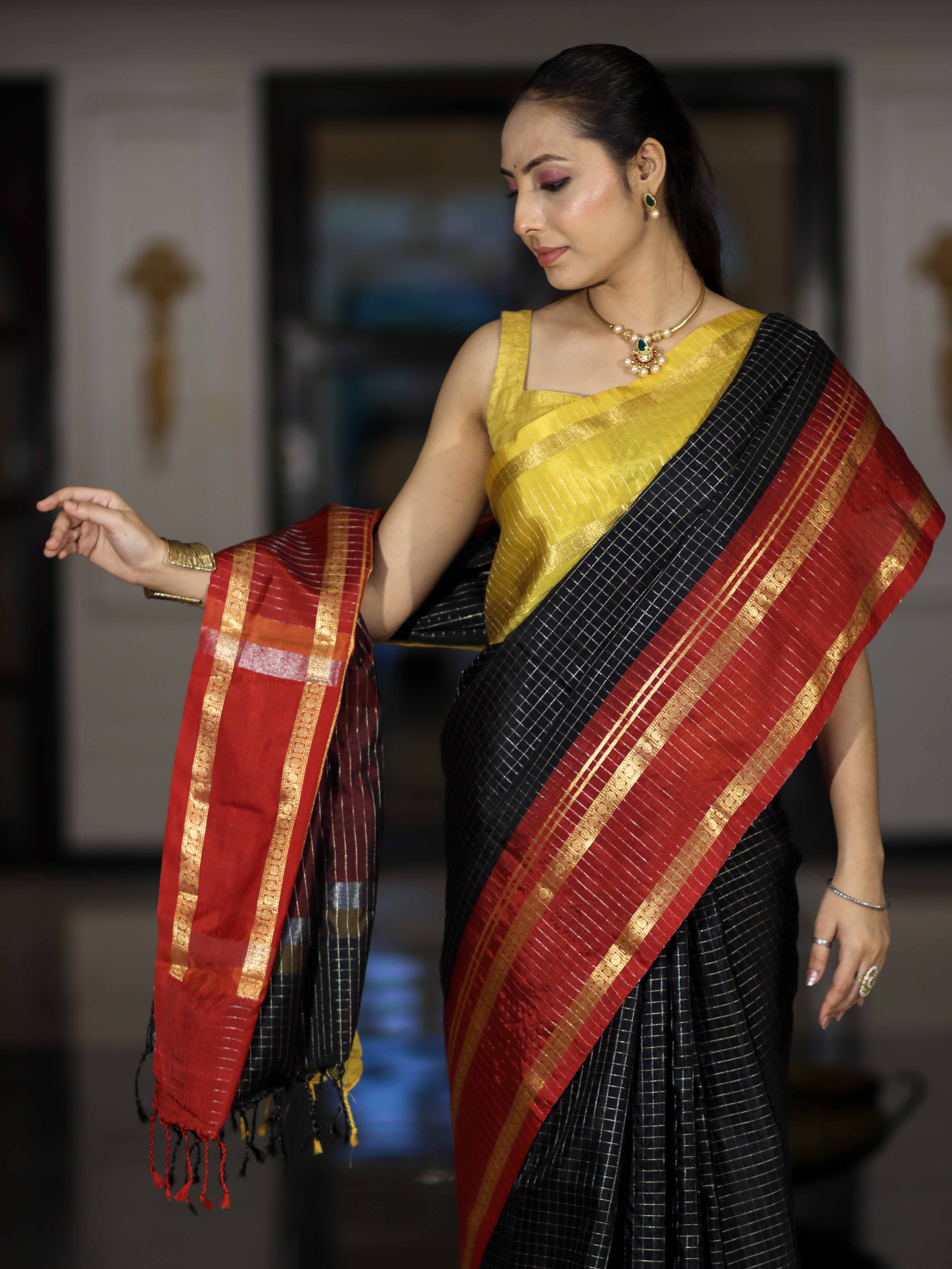 Banarasee Handloom Semi Silk Saree With Checks Pattern & Contrast Border-Black & Yellow
