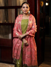 Banarasee Cotton Silk Zari Buti Salwar Kameez Fabric With Contrast Dupatta Set-Olive Green & Peachy Pink