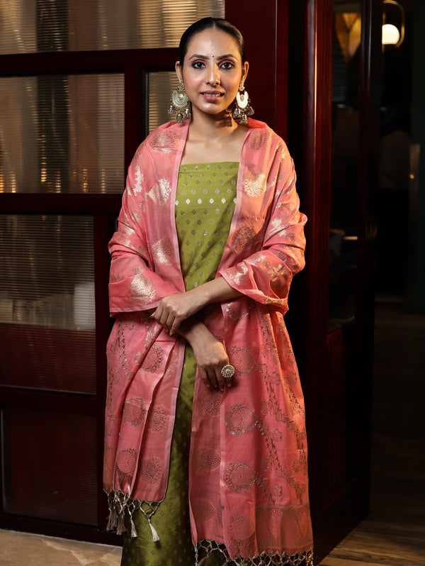 Banarasee Cotton Silk Zari Buti Salwar Kameez Fabric With Contrast Dupatta Set-Olive Green & Peachy Pink