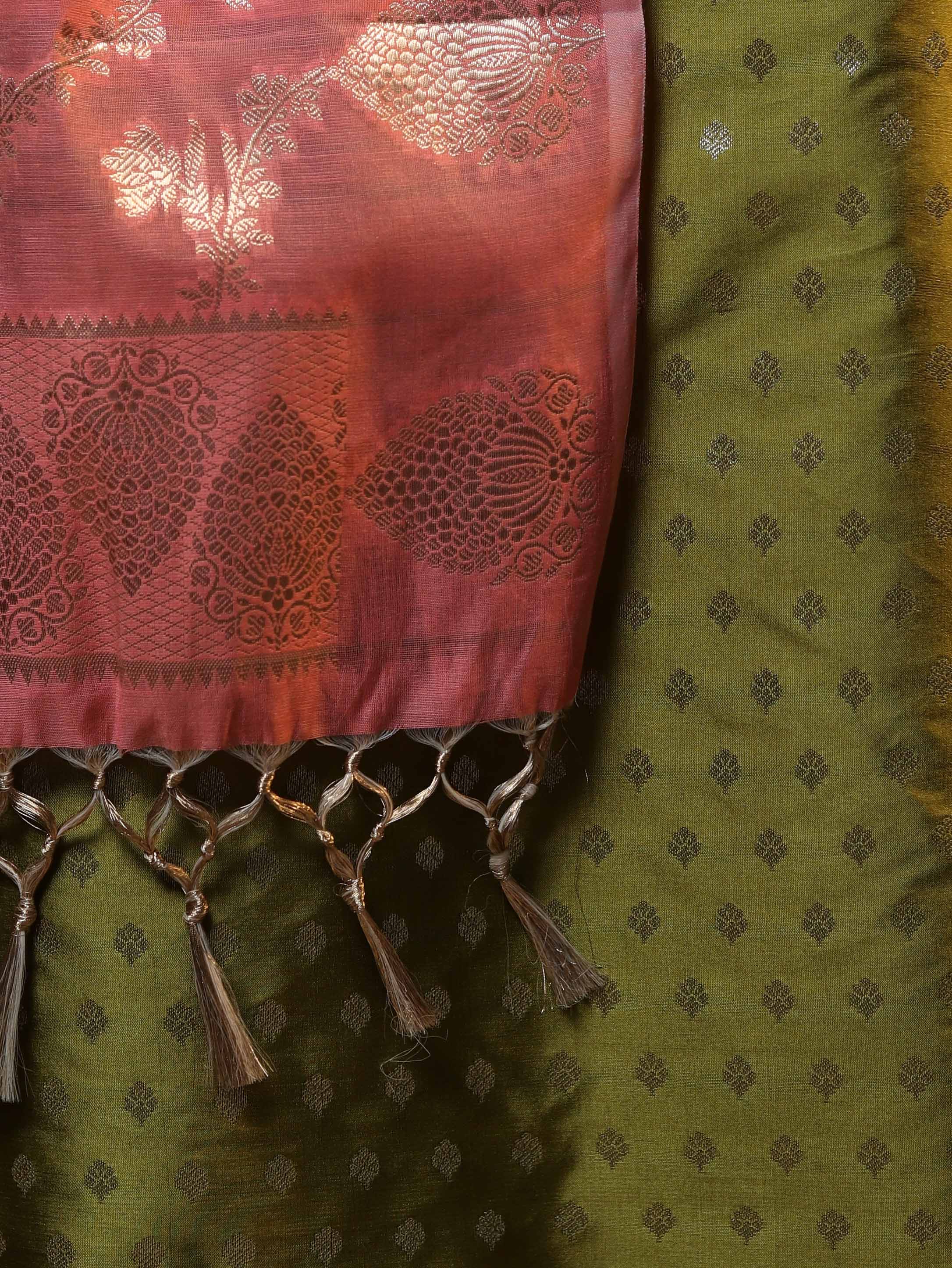 Banarasee Cotton Silk Zari Buti Salwar Kameez Fabric With Contrast Dupatta Set-Olive Green & Peachy Pink