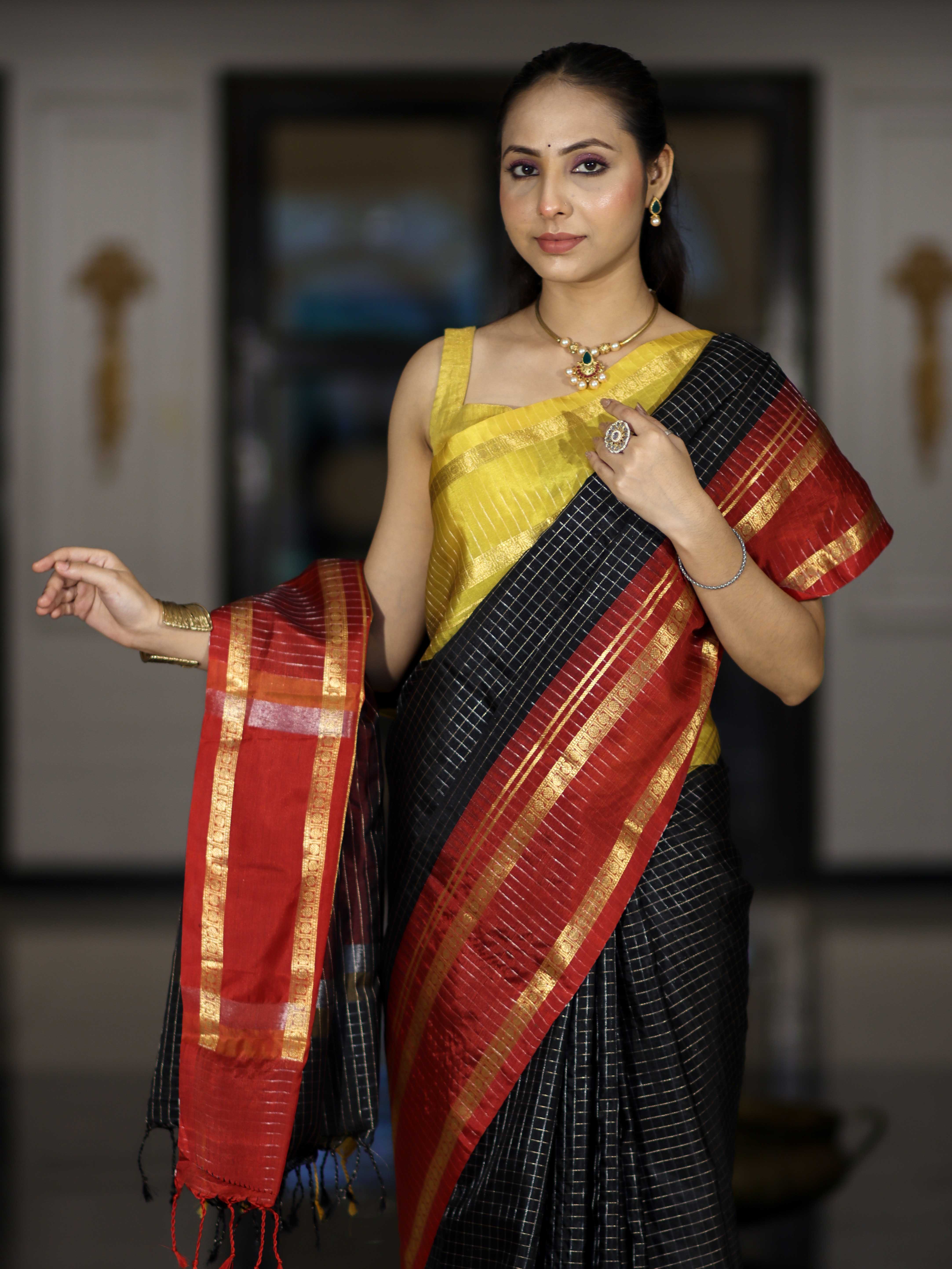 Banarasee Handloom Semi Silk Saree With Checks Pattern & Contrast Border-Black & Yellow