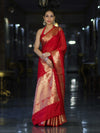 Banarasee Handloom Semi Silk Plain Saree With Gold Zari Woven Border-Red