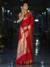 Banarasee Handloom Semi Silk Plain Saree With Gold Zari Woven Border-Red