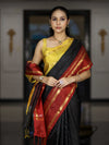 Banarasee Handloom Semi Silk Saree With Checks Pattern & Contrast Border-Black & Yellow