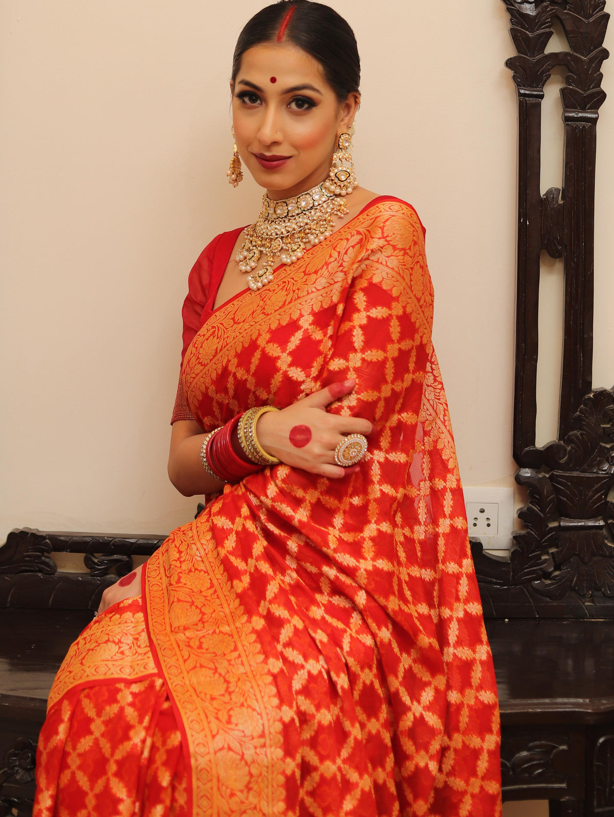 Cardinal Red Chiffon Floral Zari Border & Floral Printed Saree