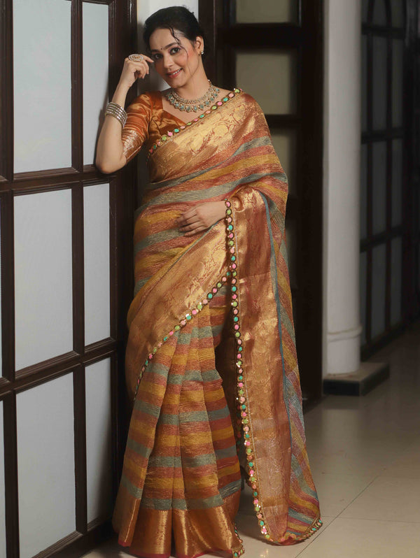 Banarasee Handwoven Crushed Tissue Saree With Lace-Multicolor
