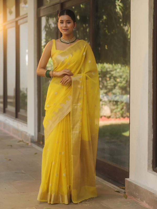 Banarasee Handwoven Silk Cotton Silk Saree Zari Buti & Border-Yellow