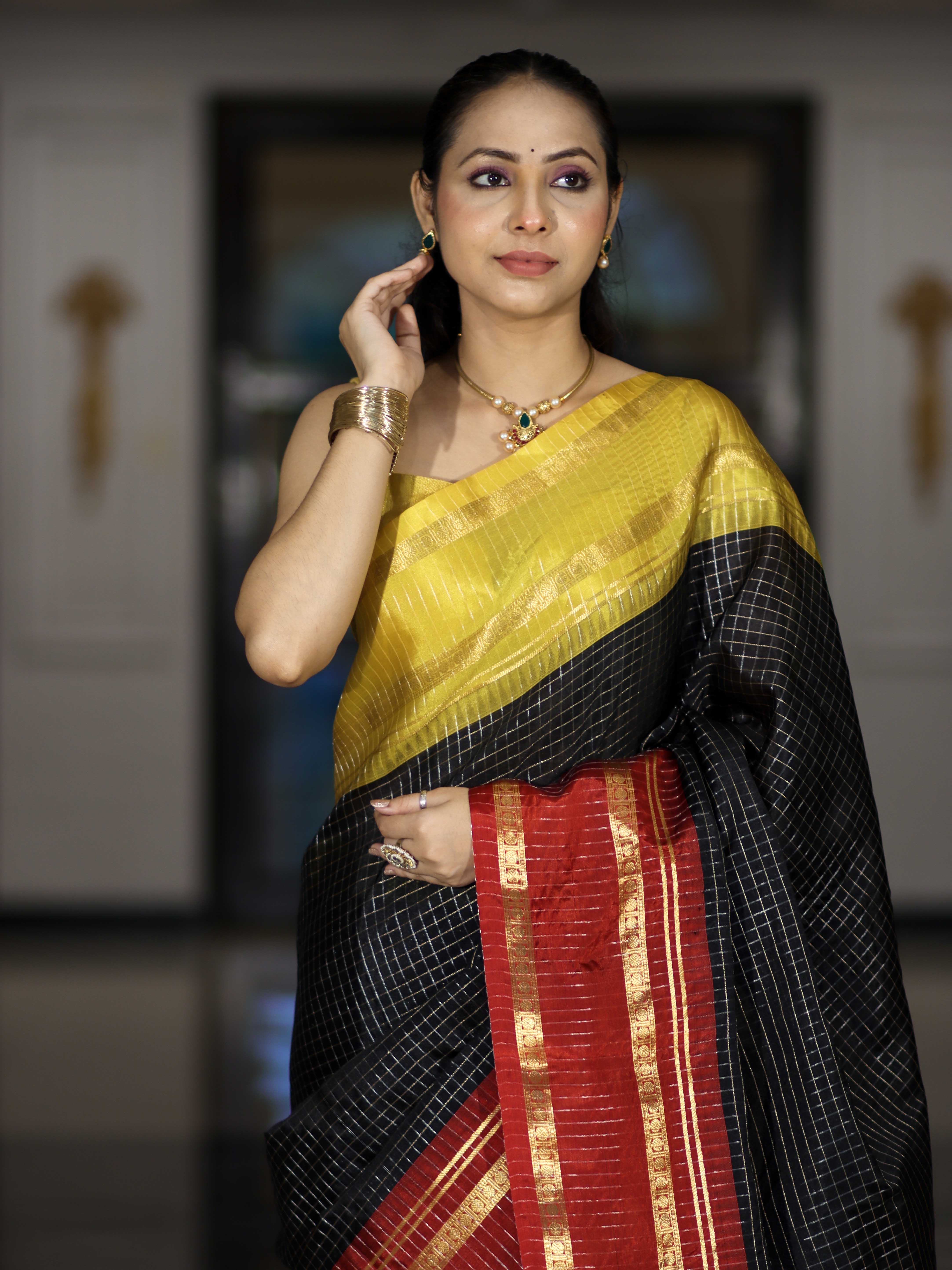 Banarasee Handloom Semi Silk Saree With Checks Pattern & Contrast Border-Black & Yellow