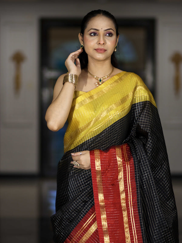 Banarasee Handloom Semi Silk Saree With Checks Pattern & Contrast Border-Black & Yellow