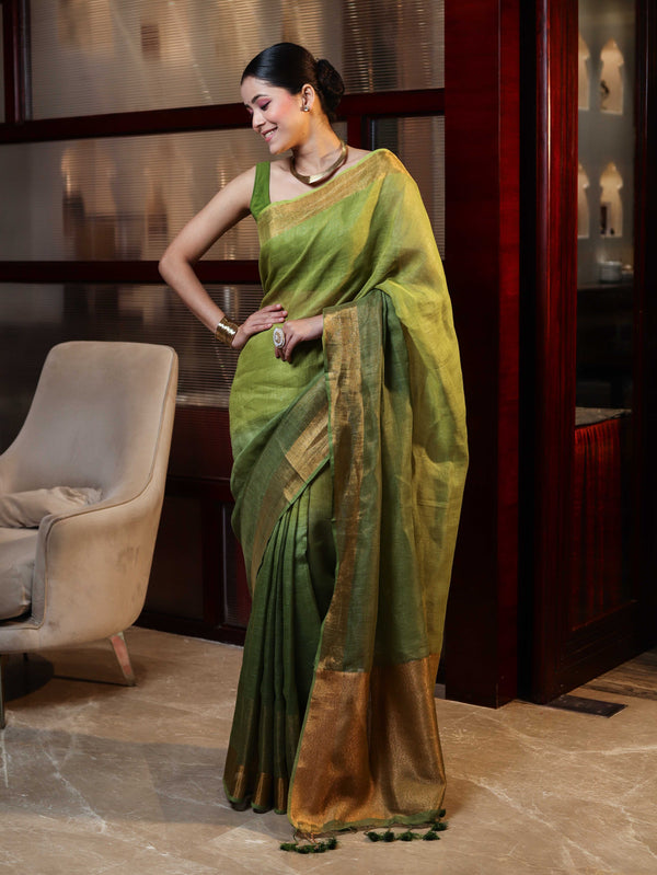 Banarasee Handloom Pure Linen Saree With Gold Zari Border-Green (Dual Tone)