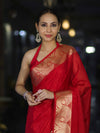Banarasee Handloom Semi Silk Plain Saree With Gold Zari Woven Border-Red