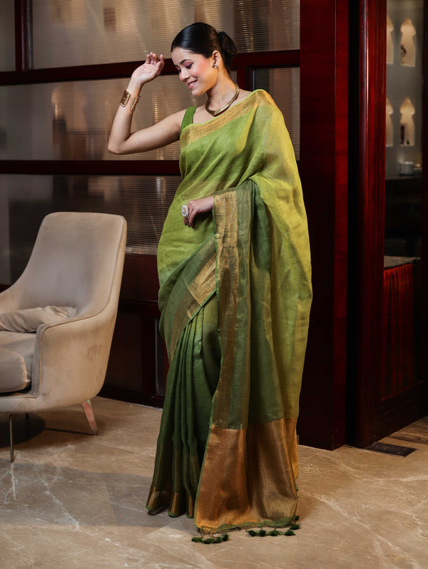 Banarasee Handloom Pure Linen Saree With Gold Zari Border-Green (Dual Tone)