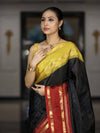 Banarasee Handloom Semi Silk Saree With Checks Pattern & Contrast Border-Black & Yellow