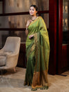 Banarasee Handloom Pure Linen Saree With Gold Zari Border-Green (Dual Tone)
