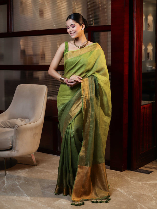 Banarasee Handloom Pure Linen Saree With Gold Zari Border-Green (Dual Tone)