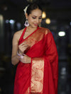 Banarasee Handloom Semi Silk Plain Saree With Gold Zari Woven Border-Red